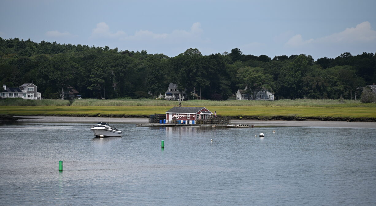 A photograph of a houseboat on a river with marsh in the background.