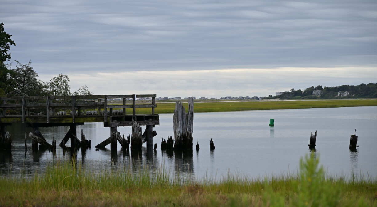 A photograph of a observation platform beside a river and salt marsh.
