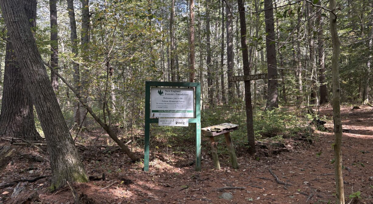 A photograph of a property sign beside a trail in a forest.