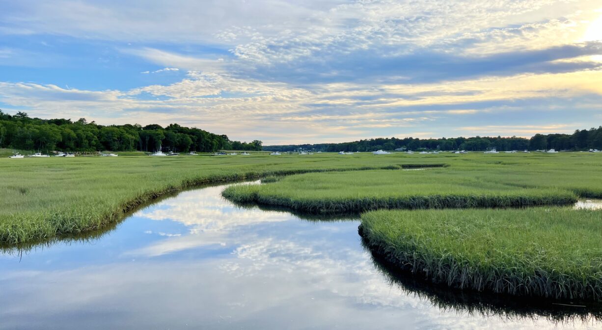 A photograph of a creek in a salt marsh, reflecting a cloudy blue sky.