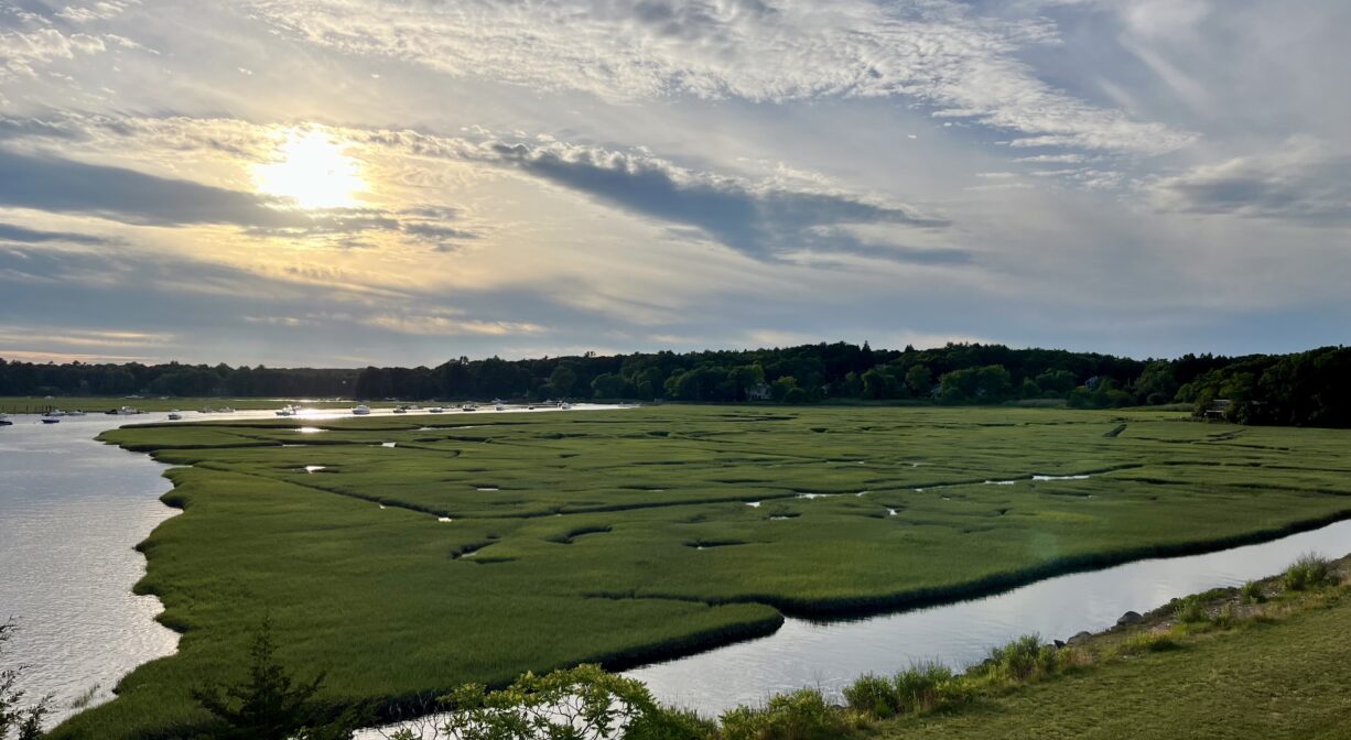 A photograph of a salt marsh and a river at sunset.