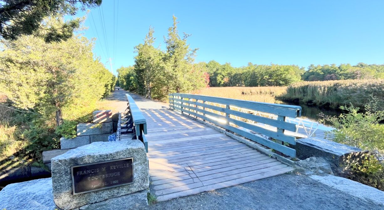 A photograph of a footbridge over a river.