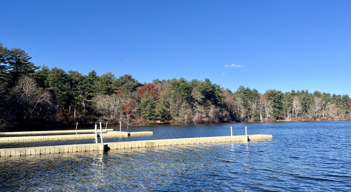 A photograph of a pond with trees on the distant shore and two access piers in the water.