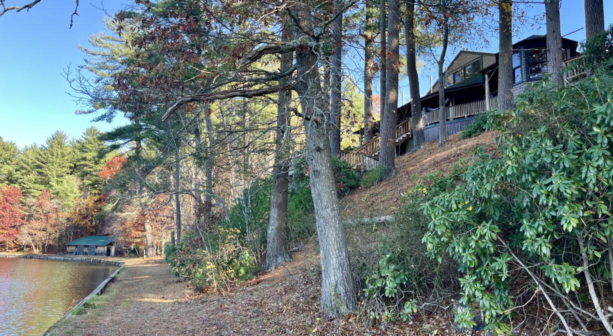 A photograph of the shore of a pond with a lodge building overhead.