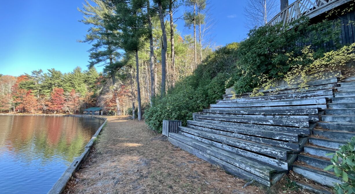 A photograph of a wooden amphitheater beside a pond.