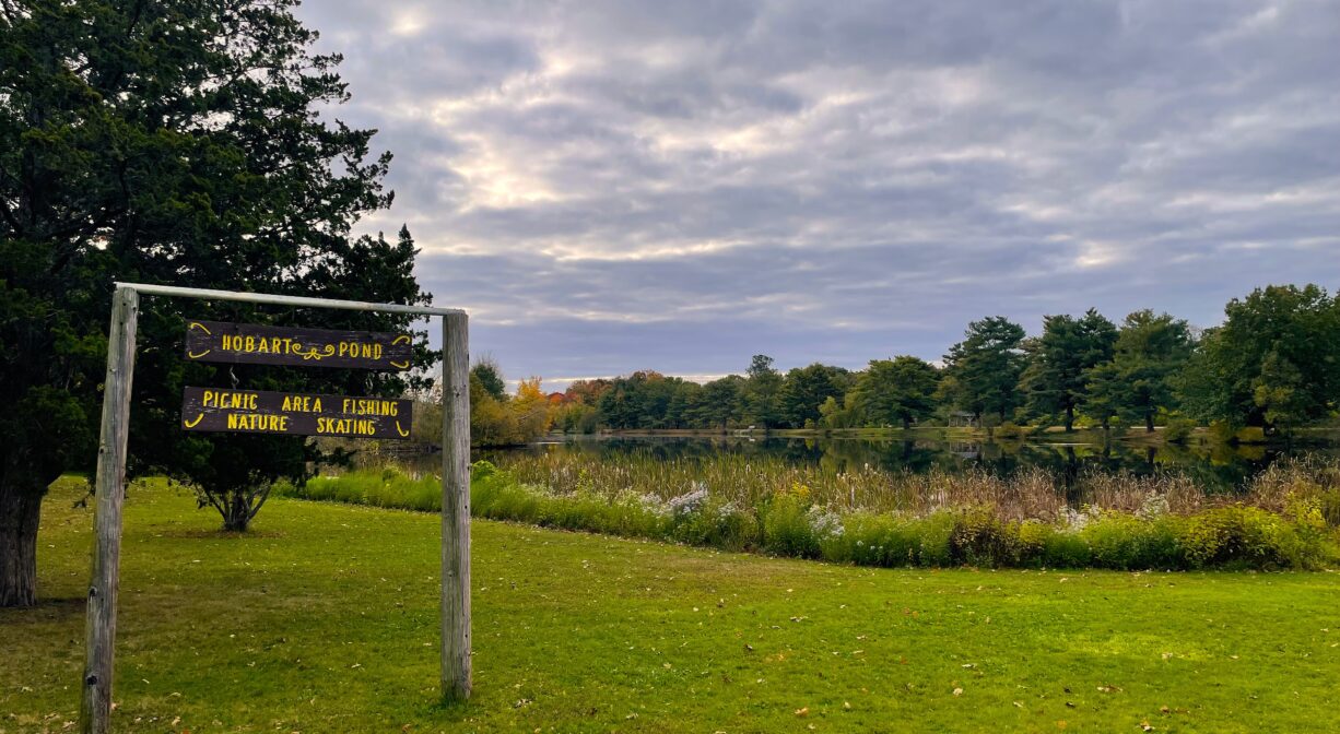 A photograph of a property sign in a grassy area by a pond.