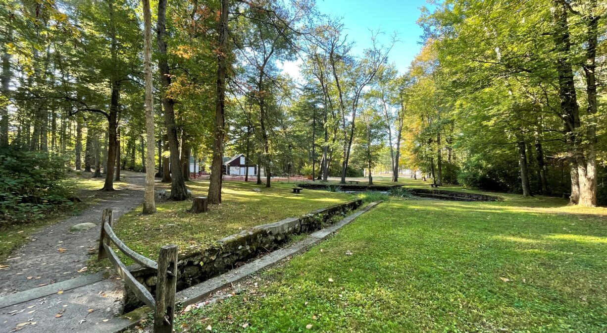 A photograph of a grassy park with a concrete channel.