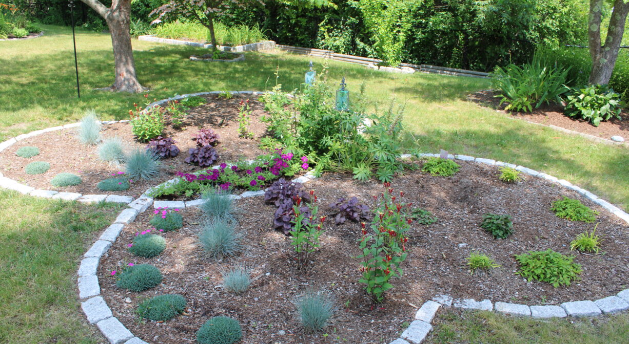 A photograph of decorative plantings in a park.
