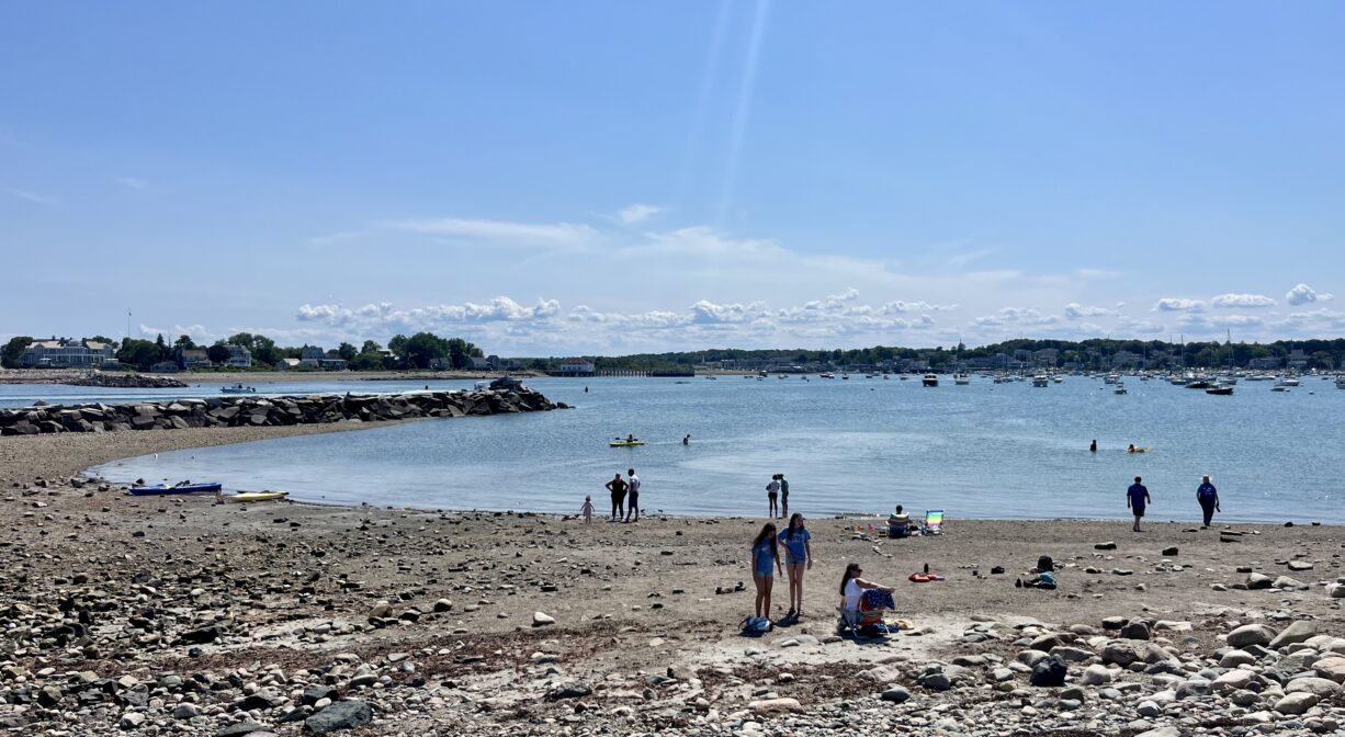 A photograph of an ocean beach with several people enjoying it.