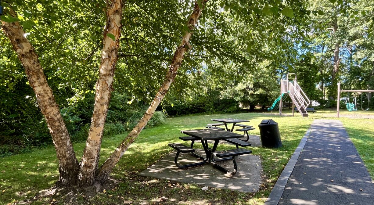 A photograph of a park entrance with a walkway, a picnic table, a trash barrel and a playground.