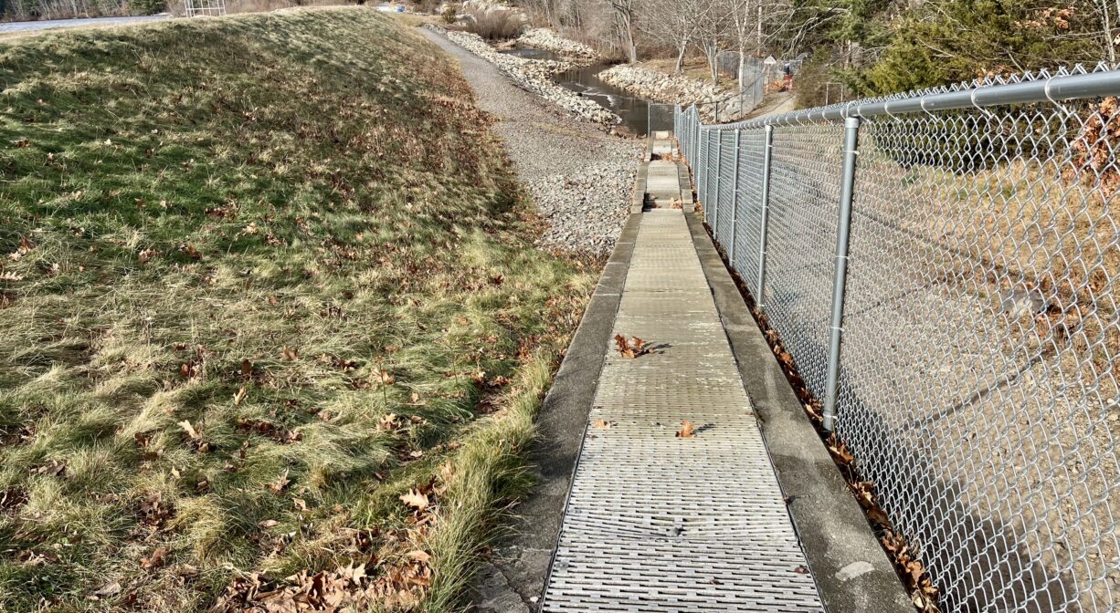 A photograph of a fish ladder ascending a long hill.