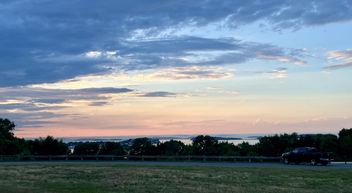 A photograph of a grassy park overlooking a city skyline at sunset.