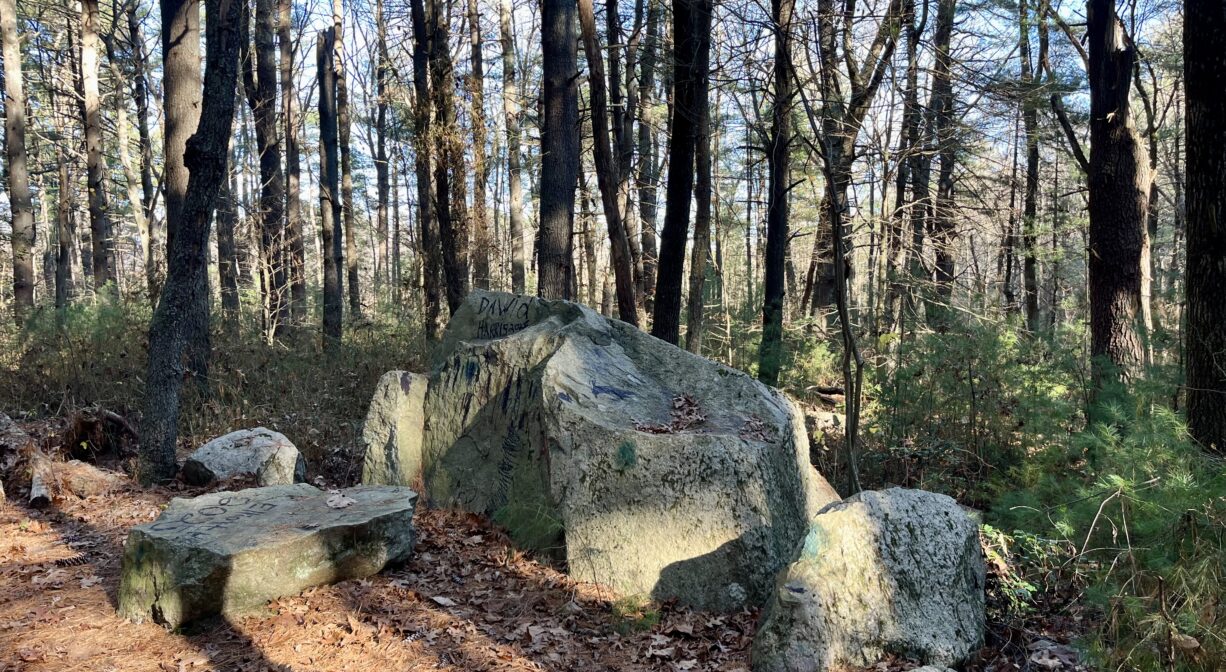 A photograph of a cluster of boulders beside a forest trail.