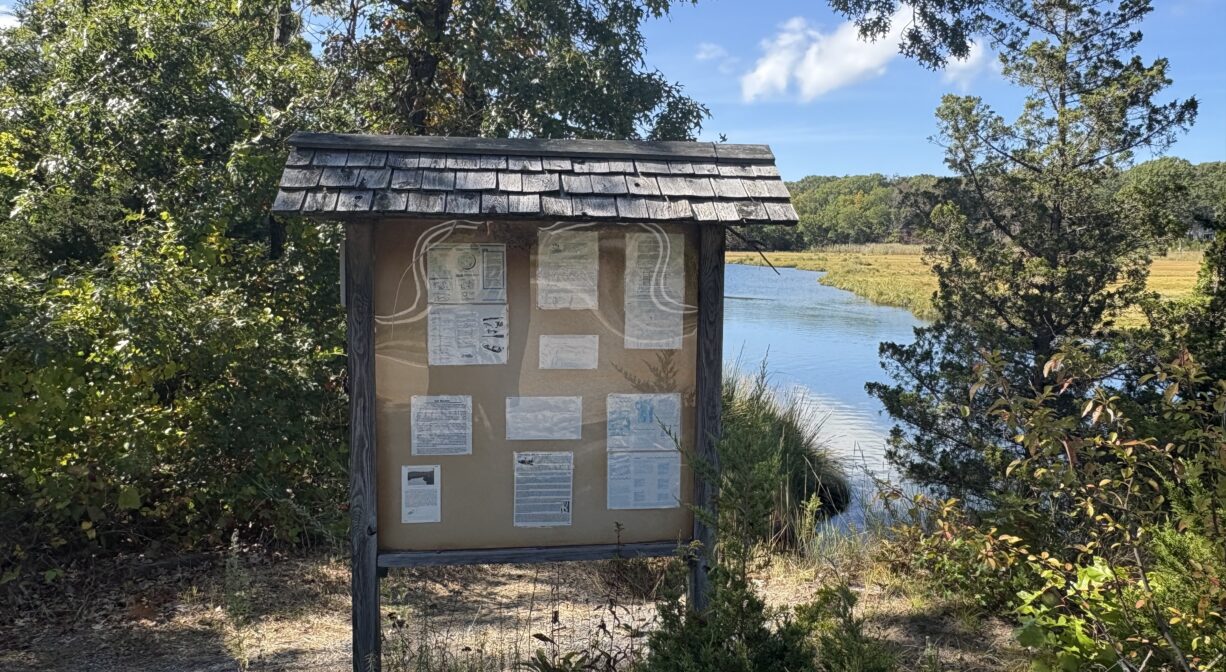 A photograph of an informational kiosk by a river.
