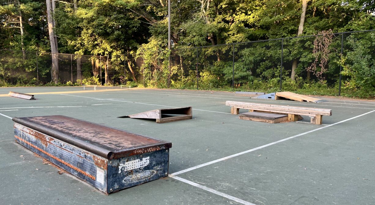 A photograph of a skate park with trees in the background.