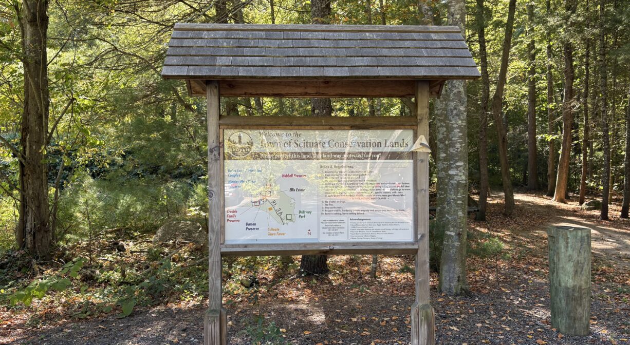 A photograph of an informational kiosk in a forest.