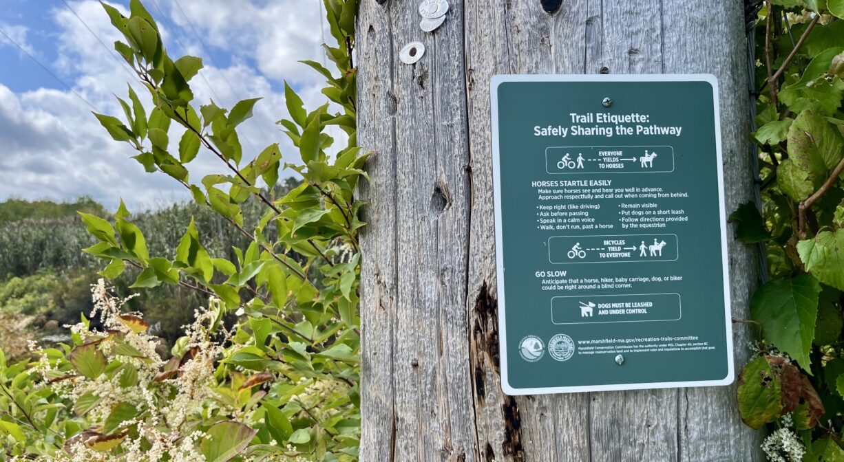 A photograph of a trail usage sign on a telephone pole.