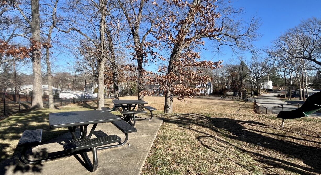 A photograph of two picnic tables on a concrete pad in a park.