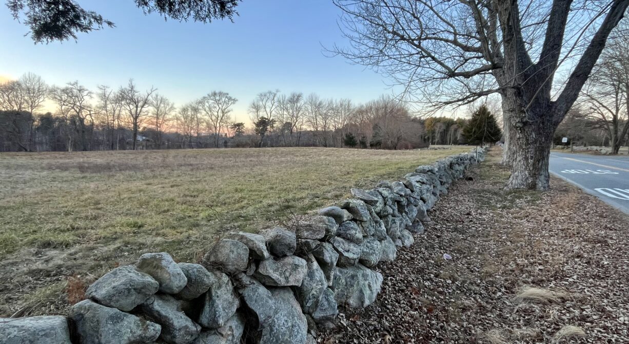 A photograph of an old stone wall extending along the edge of an agricultural field.