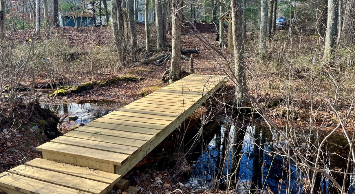 A photograph of a footbridge crossing a stream in a forest.