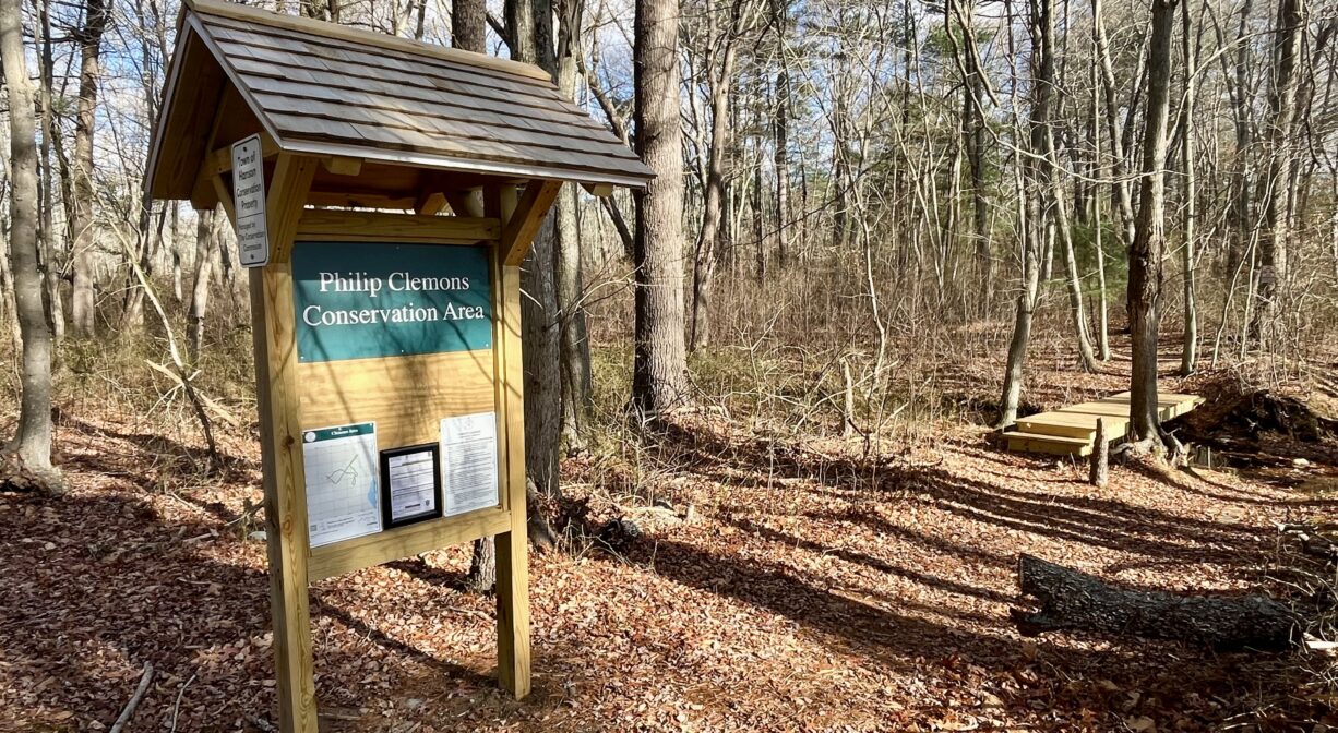 A photograph of an informational kiosk at a forest trailhead.