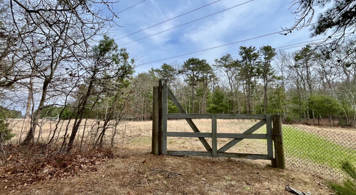 A photograph of a gate and an agricultural field.
