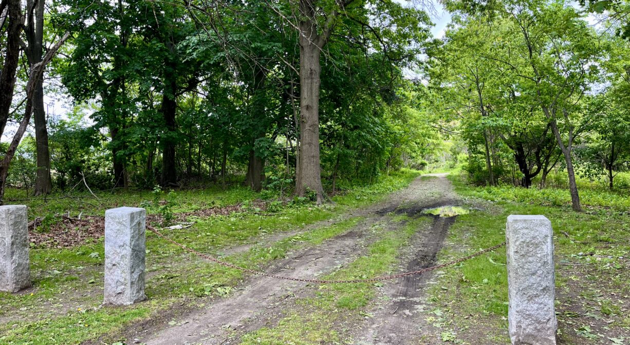 A photograph of a trailhead in a grassy area with two granite posts.
