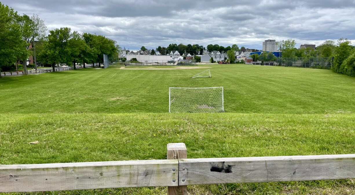 A photograph of a soccer field with a park in the background.