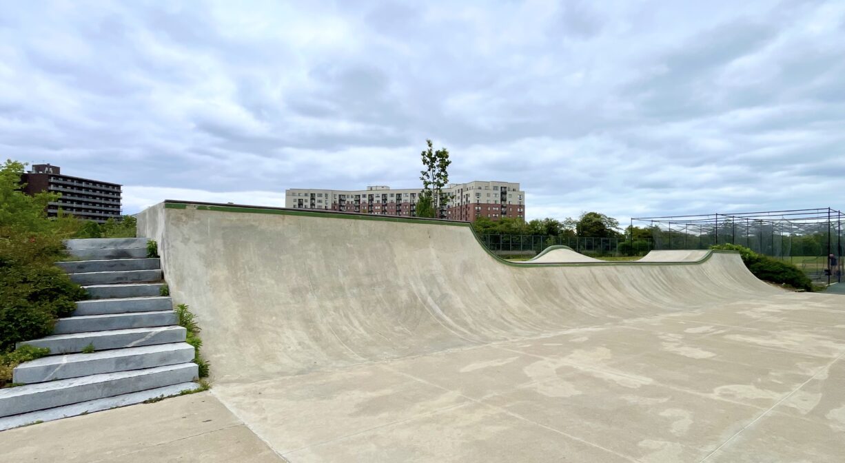 A photograph of a skate park.