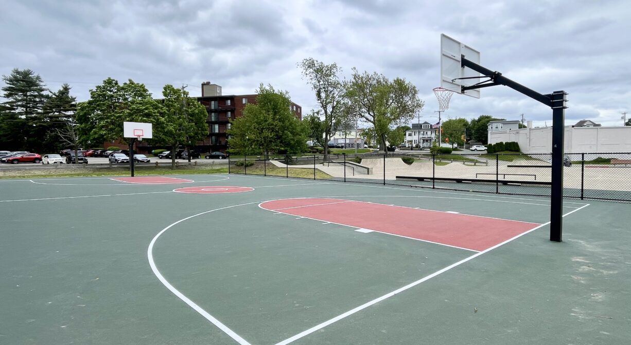 A photograph of a basketball court.
