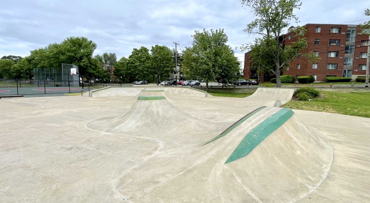 A photograph of a skate park.