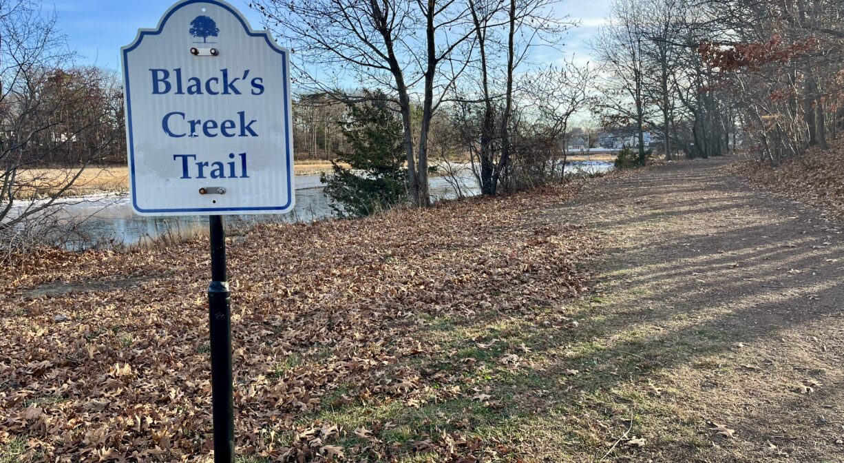 A photograph of a trail sign beside a trail with a creek in the background.