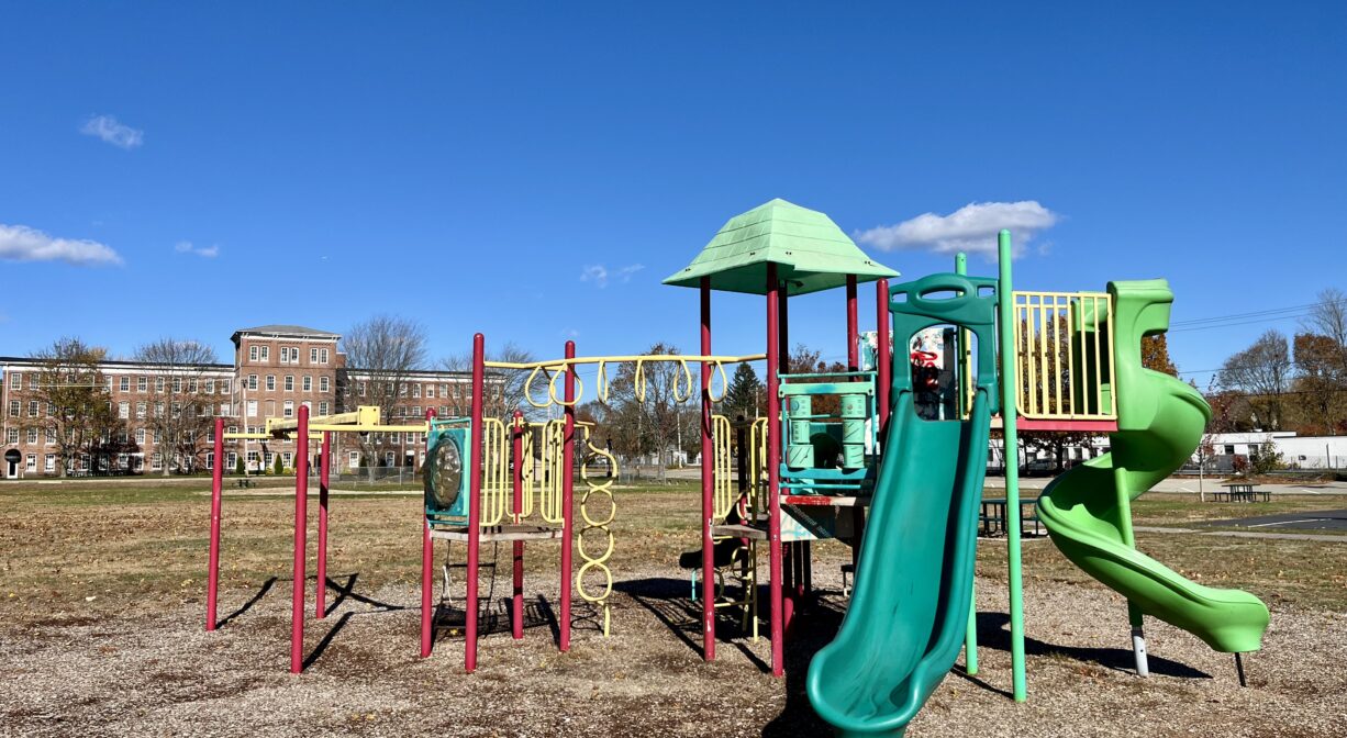 A photograph of a colorful contemporary playground.