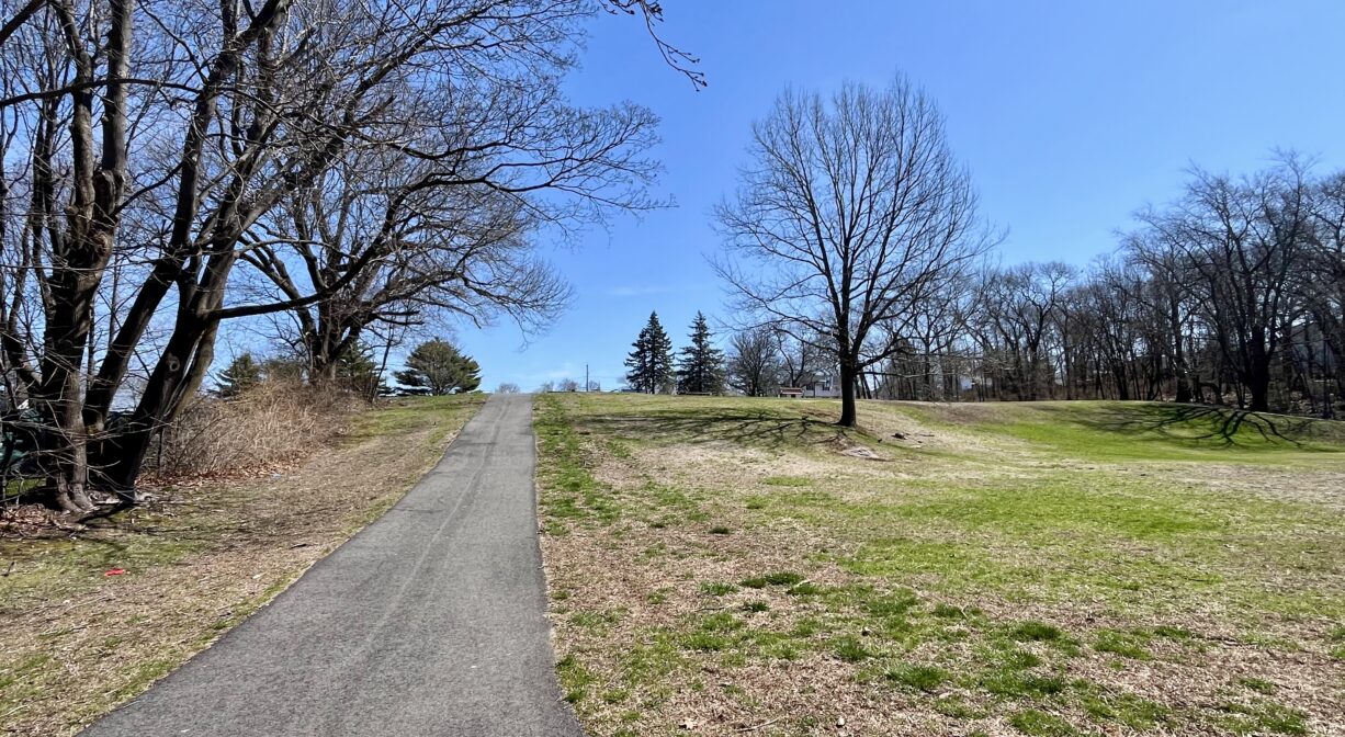 A photograph of a paved trail in a park on a grassy hillside.