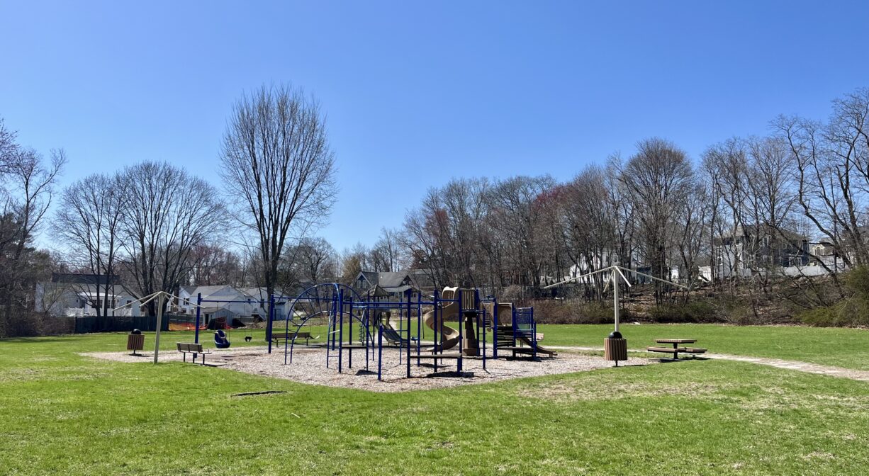 A photograph of a grassy park, surrounded with trees, with a playground at the center.