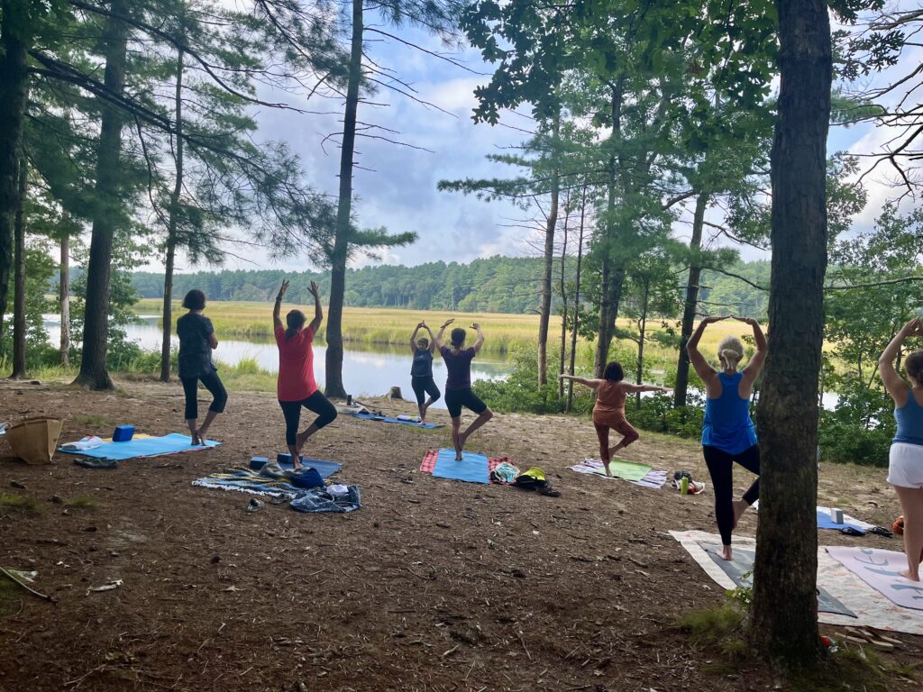 A photograph of a yoga class in a forest by a river.